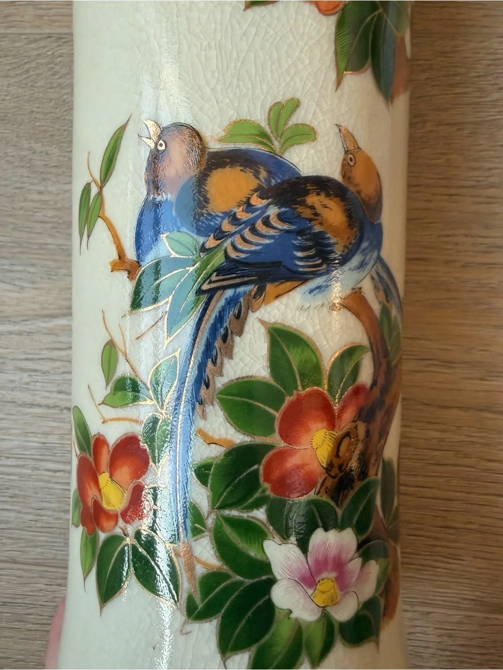 Vintage Japanese Kutani Satsuma Style Vase 11” Crackle Glaze Birds & Camellias - Picture 9 of 9